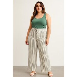 Ideology Women's Striped Wide Leg Palazzo‎ Pants Drawstring Waist Sage/White 10